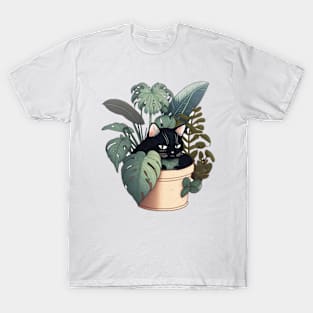 Black Cat and Variegated Monstera Aesthetic T-Shirt